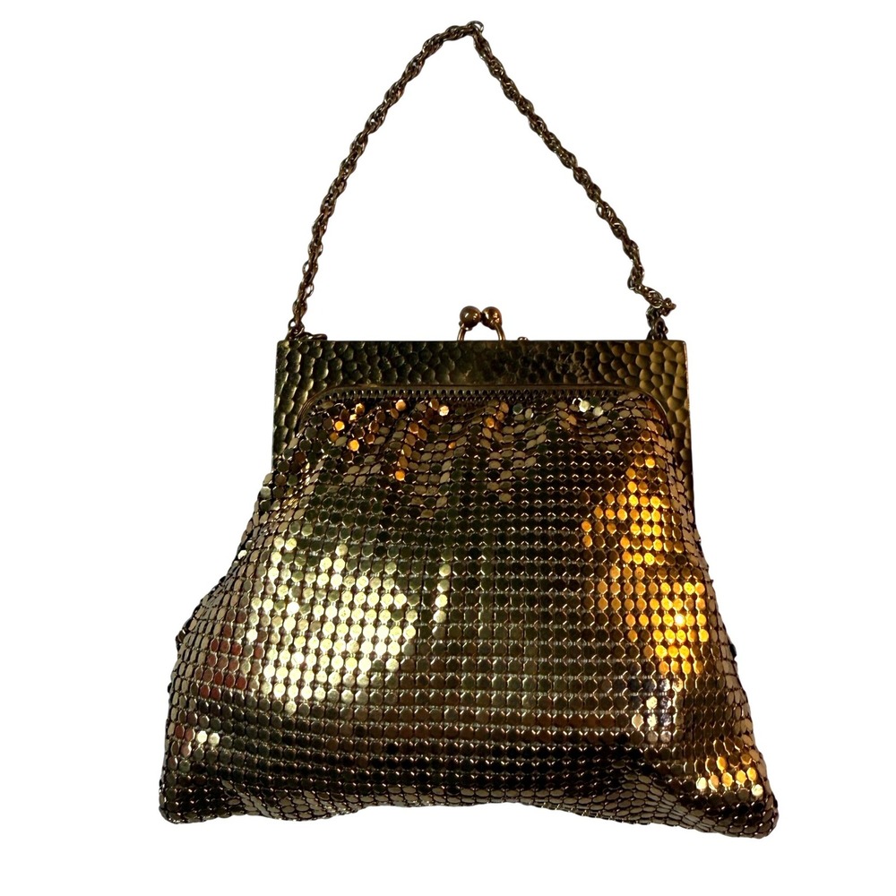 Vintage 50s Whiting Davis Gold Mesh Evening Bag Art Deco Kiss Lock